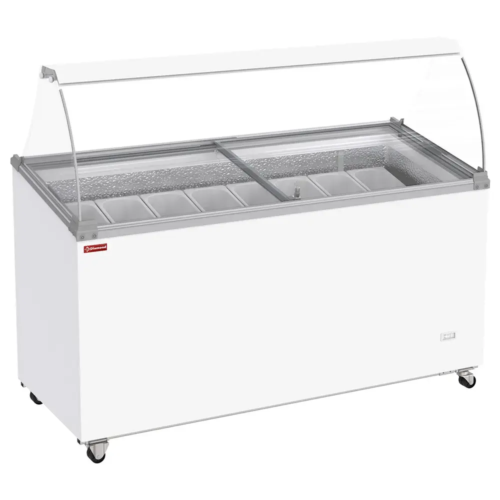 Ice cream display freezer, 467 liters, sliding lids on wheels with curved glass, capacity for 8 tubs - Main Image