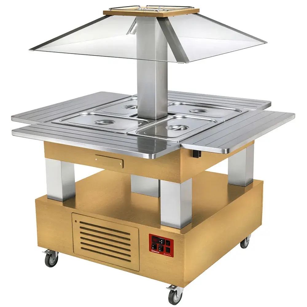 Island bain-marie warm buffet, motorized roof 4x GN1/1-150 (light wood) - Main Image