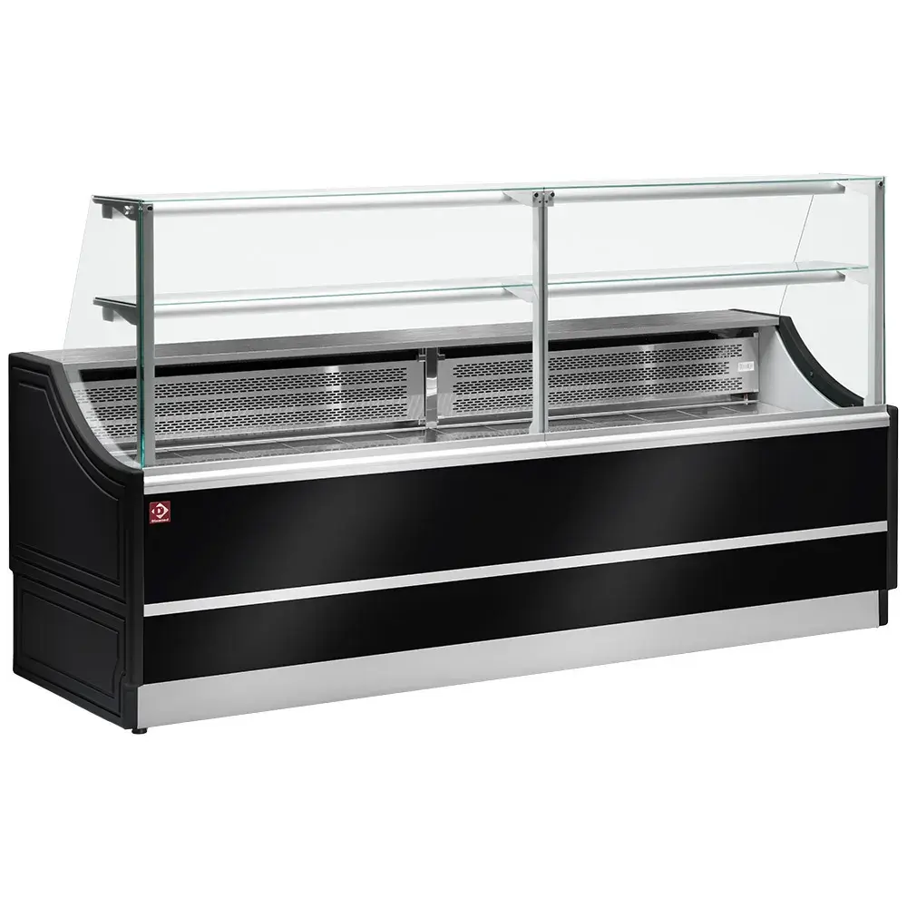 Refrigerated glass display staight panel 90°, with storeroom