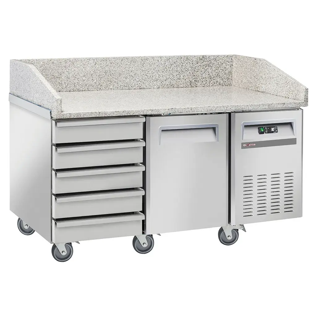 Refrigerated pizza table, 1 door EN 600x400, 5 neutral drawers EN 600x400, on wheels, 2 with brakes - Main Image