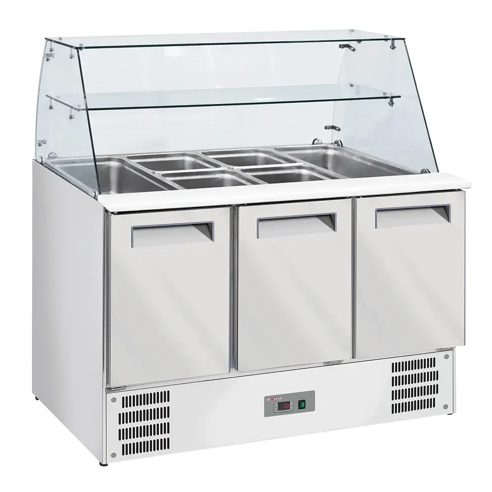 Refrigerated saladette with curved glass 4x GN1/1-150 mm + reserve 3 doors GN 1/1 - Main Image