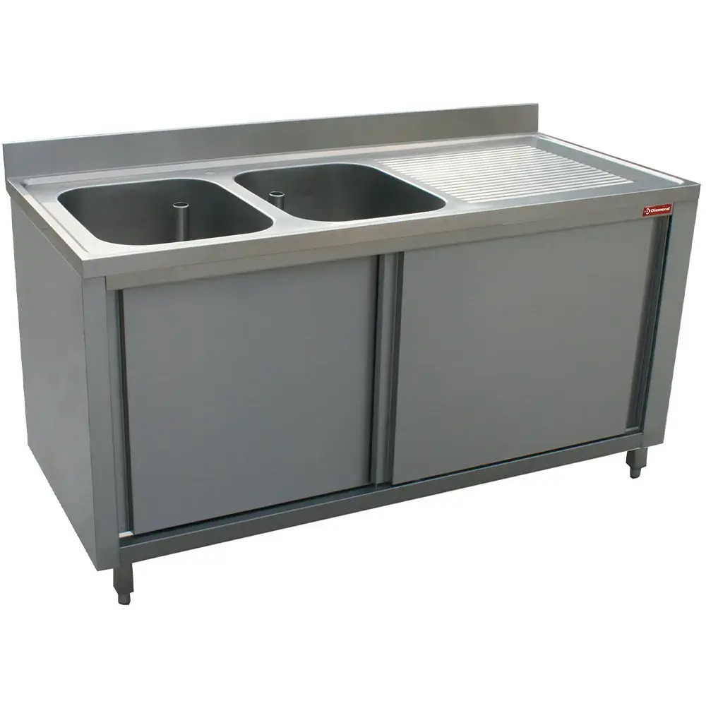 Sink 2 tanks 400x500xh275, right draining board on cupboard with 2 sliding doors - Main Image