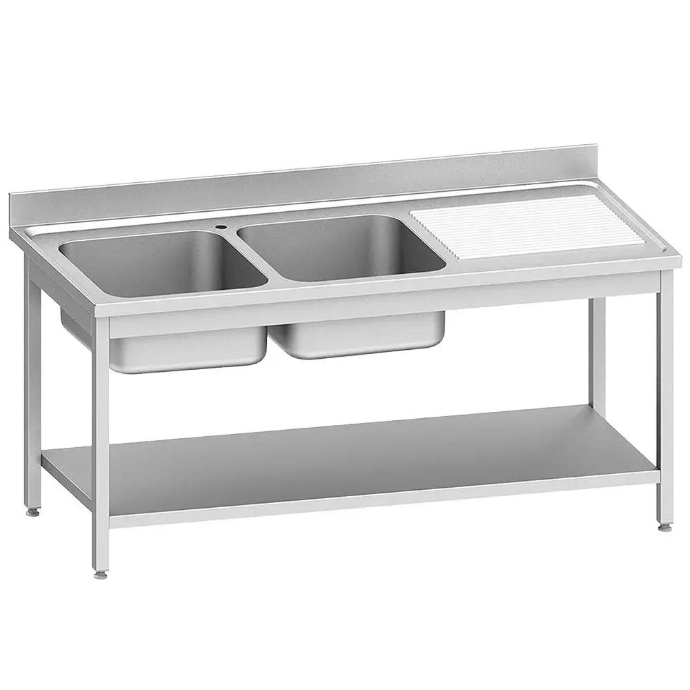 Stainless steel sink ECO 2 tanks and right drain surface, with lower shelf - Main Image