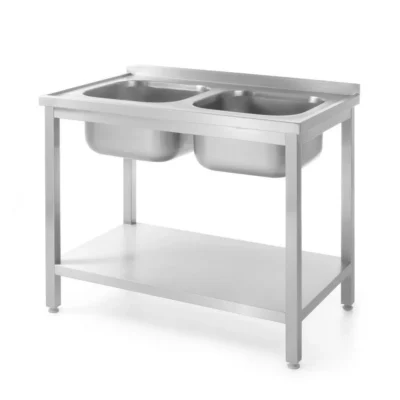 Tafel met 2 spoelbakken en plank – met bouten, diepte 600 mm - Main Image