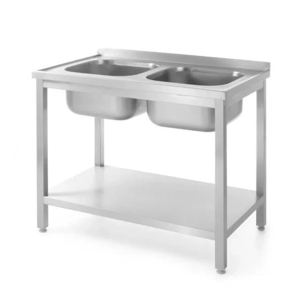 Tafel met 2 spoelbakken en plank – met bouten, diepte 600 mm
