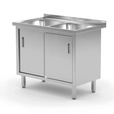 Tafel met 2 spoelbakken, kast – gelast, met schuifdeuren - Main Image