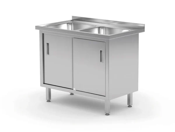 Tafel met 2 spoelbakken, kast – gelast, met schuifdeuren