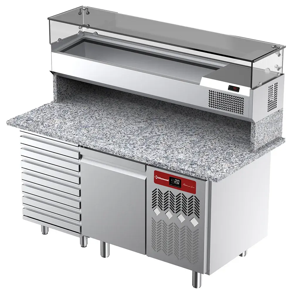 Ventilated refrigerated table for pizza with 1 door and 7 drawers and refrigerated showcase 1600x380x410 with granite worktop. - Main Image