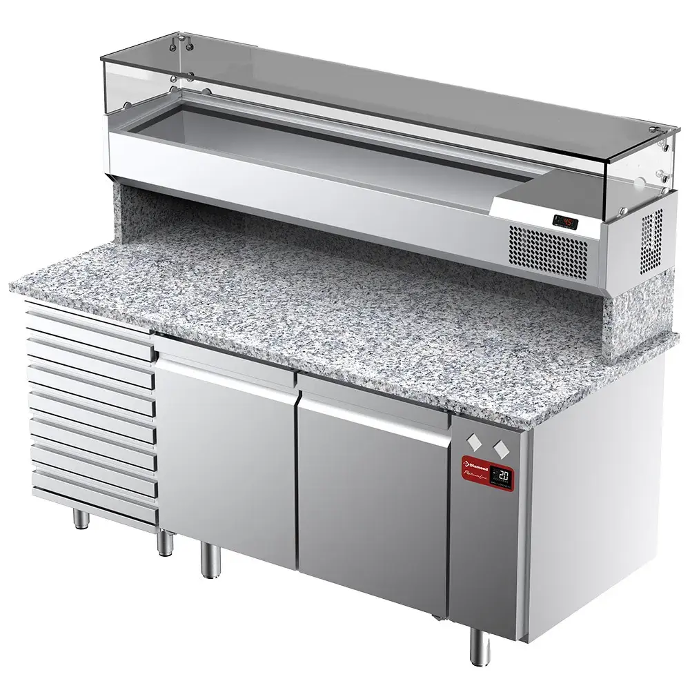 Ventilated refrigerated table for pizza with 2 doors and 7 drawers and refrigerated showcase 1800x380x410 with granite worktop. - Main Image