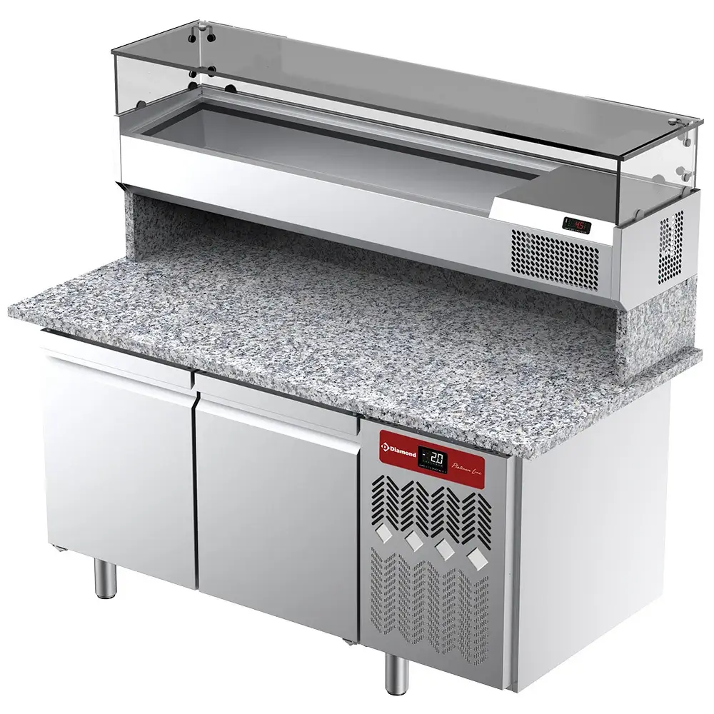 Ventilated refrigerated table for pizza with 2 doors and refrigerated showcase 1600x380x410 with granite worktop. - Main Image