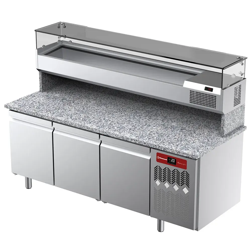 Ventilated refrigerated table for pizza with 3 doors and refrigerated showcase 2000x380x410 with granite worktop. - Main Image