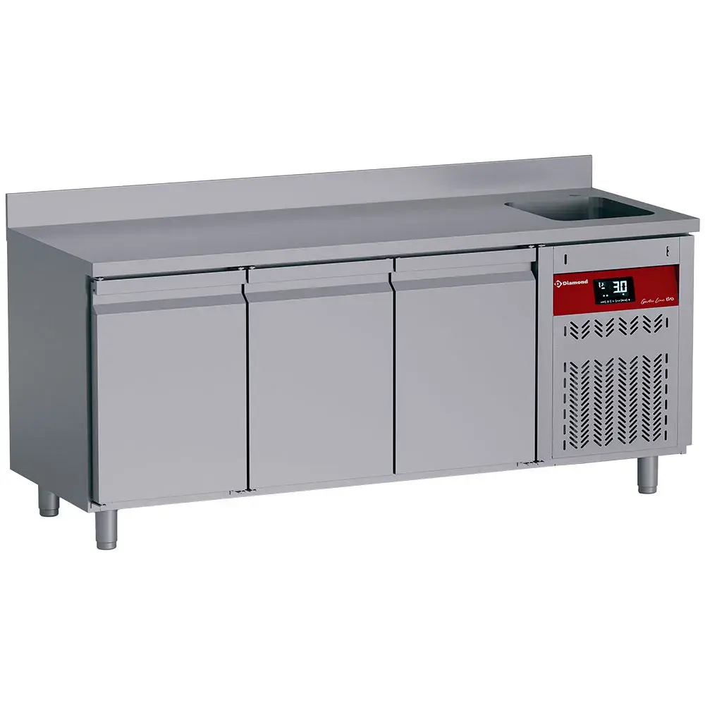 Wall-mounted ventilated refrigerated table, 3 doors GN 1/1, 405 Lit. with sink - Main Image