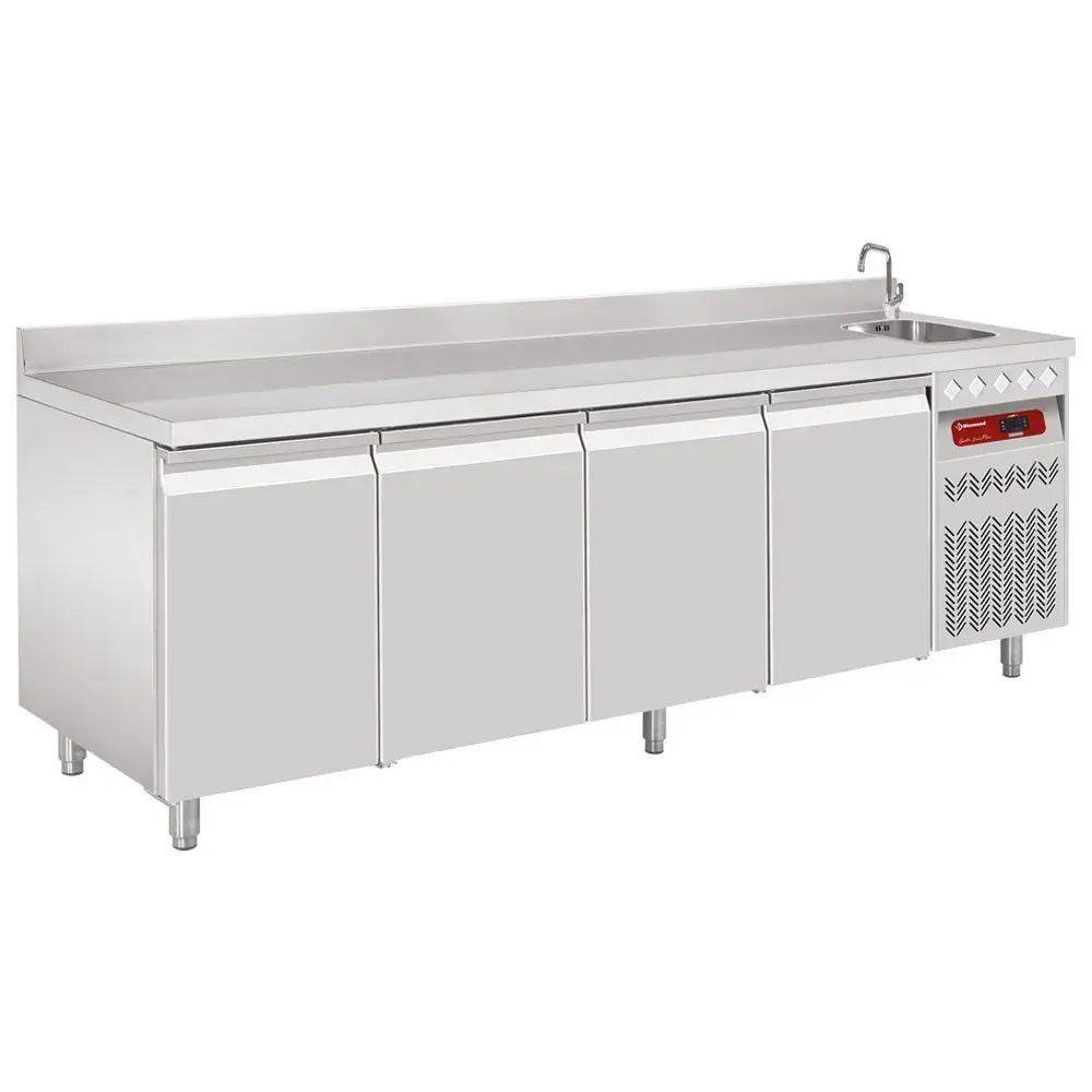 Wall-mounted ventilated refrigerated table, 4 doors GN 1/1, 550 Lit. with sink - Main Image