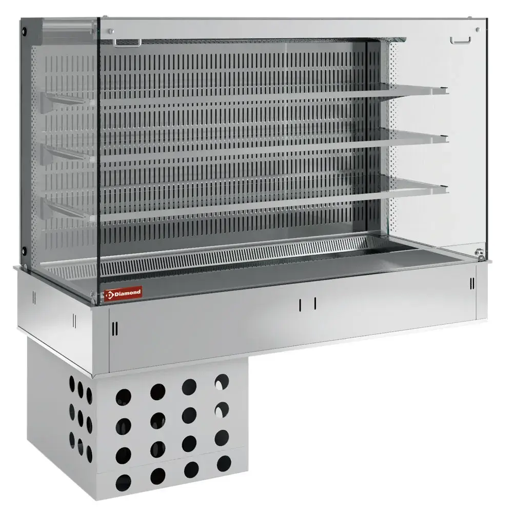 Wall with sink and open "square" display on 3 levels (with curtain), refrigerated, ventilated, 4x GN 1/1 - Main Image